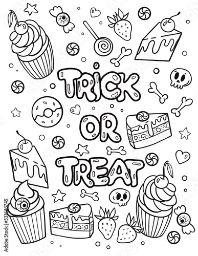 Coloring page for Halloween. Stickers. Set of illustrations for all saints ' day. Attributes of magical power, coven, witchcraft, magic. Print. Souvenirs.