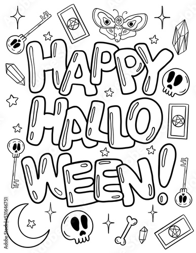 Coloring page for Halloween. Halloween stickers. Set of illustrations for all saints ' day. Attributes of magical power, coven, witchcraft, magic. Print. Souvenirs.