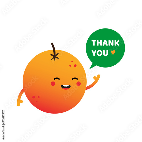 Cute cartoon style orange fruit character with speech bubble saying thank you, showing appreciation.
