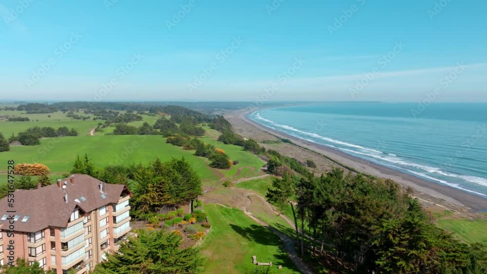 Flyover waterfront residential resort with Ocean as Background, Santo Domingo. Chile