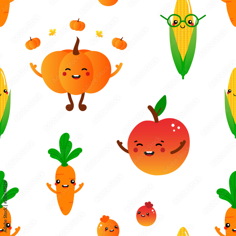 Vector seamless pattern background with funny and cute pumpkin, carrot, apple, corn, berries characters for food design.
Vector seamless pattern background with funny and cute pumpkin, carrot, apple, corn, berries characters for food design.