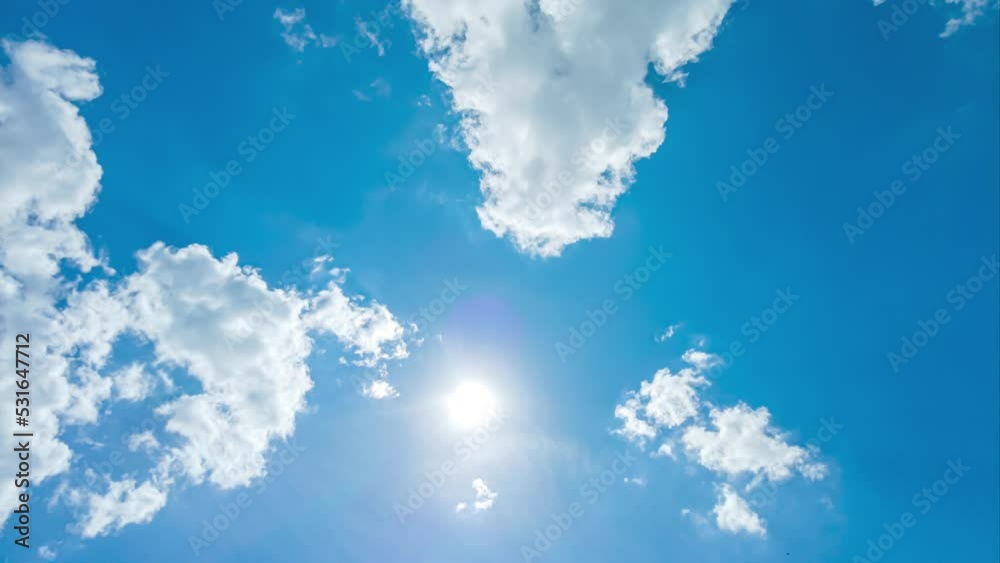 Blue sky white clouds. Puffy fluffy white clouds. Cumulus cloud cloudscape timelapse. Summer blue sky time lapse. Nature weather blue sky. White clouds background. Cloud time lapse , video loop