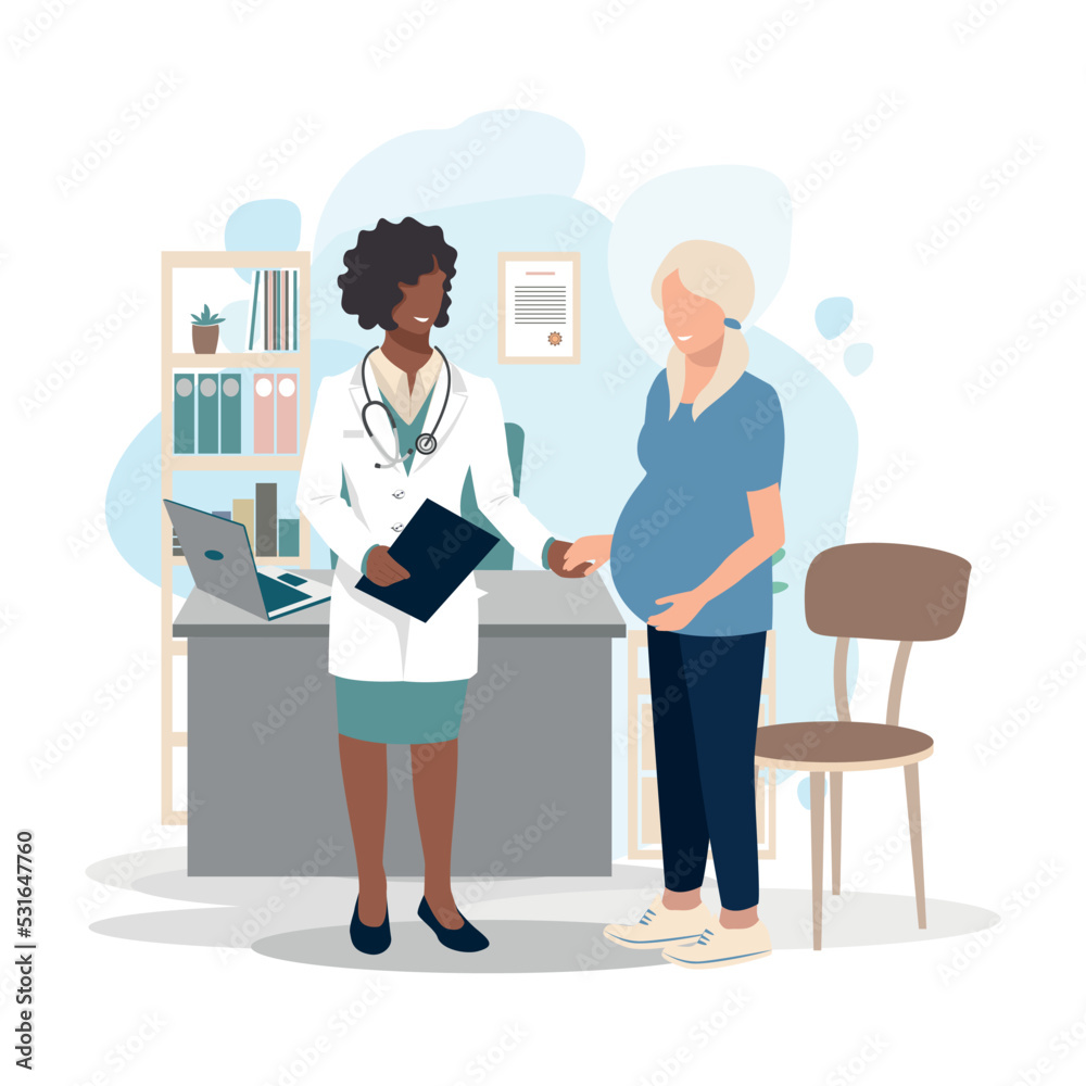 Happy pregnant woman at the doctor's appointment. Examination, consultation and examination during pregnancy. Vector illustration in a flat style. Happy pregnant woman at the doctor's appointment. Examination, consultation and examination during pregnancy. Vector illustration in a flat style.