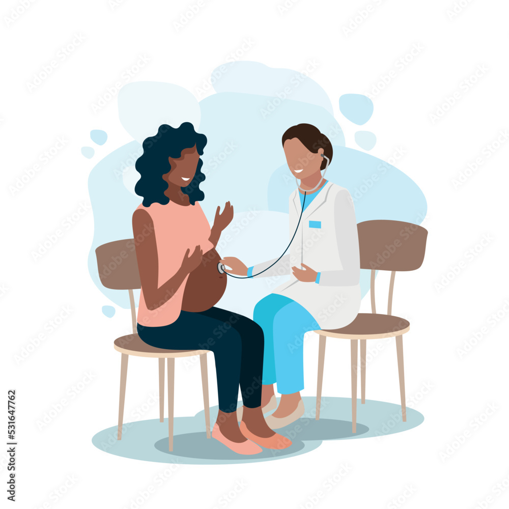 Obraz premium Happy pregnant woman at the doctor's appointment. Examination, consultation and examination during pregnancy. Vector illustration in a flat style.