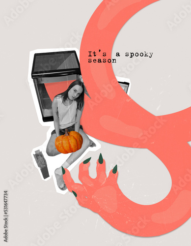 Contemporary art collage. Young girl sitting on floor with big pumpkin. Spooky season. Horror