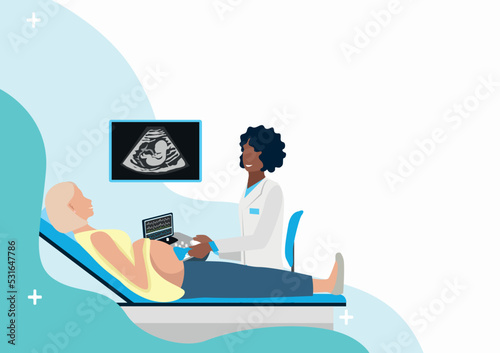 Happy pregnant woman at the doctor's appointment. Examination, consultation and examination during pregnancy. Vector illustration in a flat style.