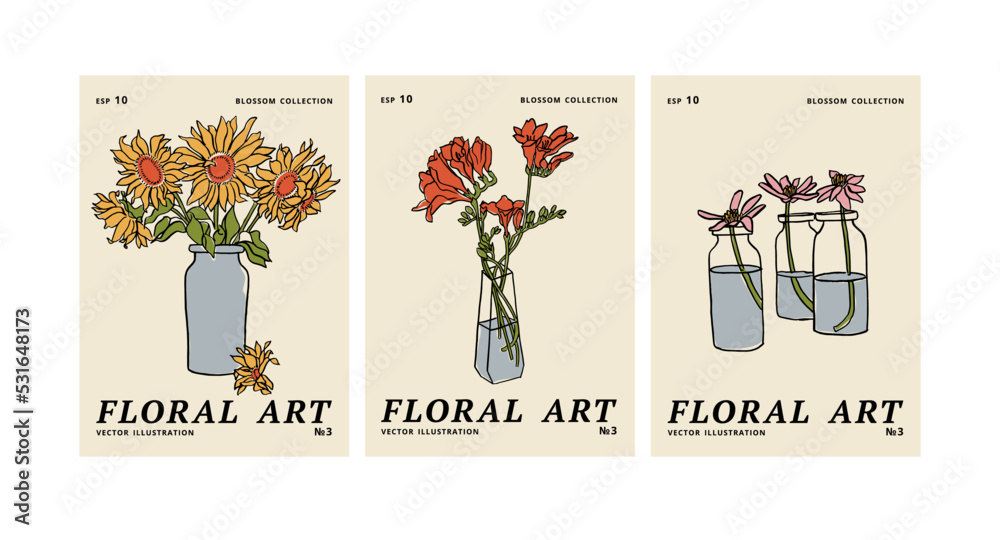 Vector illustration set of ink floral posters with different flowers and vase. Art for for prints, wall art, banner, background.