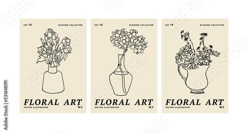 Vector illustration set of ink floral posters with different flowers and vase. Art for for prints, wall art, banner, background.