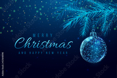 Wireframe Christmas ball and Christmas tree branches, low poly style. New Year banner. Abstract modern 3d vector illustration on blue background.