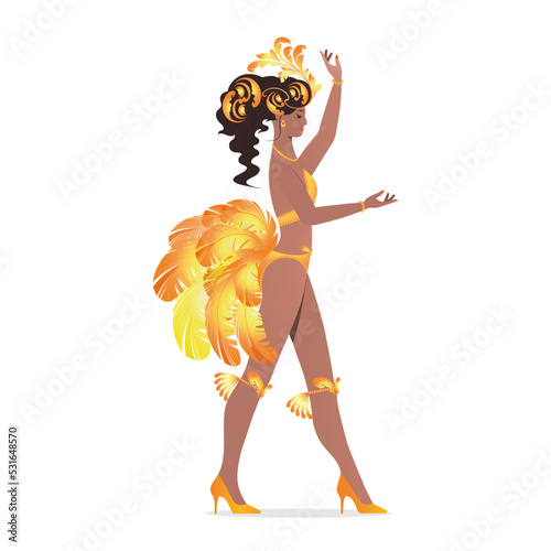 Brazilian samba dancer dancing at the carnival. Modern ballroom and ethnic dances. A dancer in motion, in the studio, on stage or in a dance hall. Vector illustration..