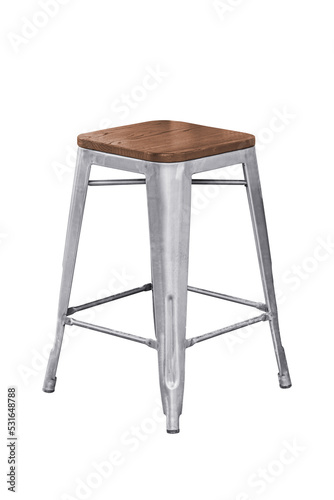 Steel stool chair with wooden seat isolated on white background photo