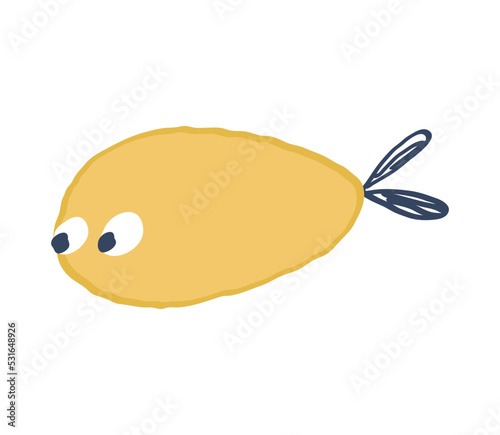 Cute hand drawn fish. yellow simple animal with big eyes