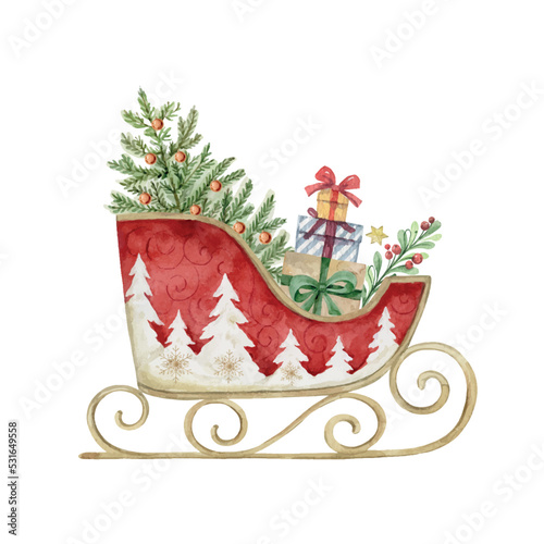 Watercolor vector greeting card with with Christmas sleigh, fir tree and gifts.