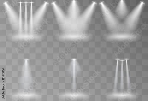 Set of white spotlights, bright lights, stage lighting isolated on transparent background. Transparent vector effect.