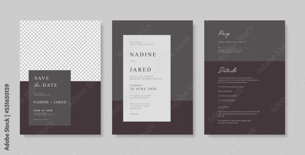 Simple and elegant wedding card template, set of beautiful wedding invitation template. minimalist wedding invitation template