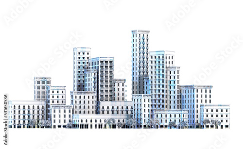 Modern city 3D rendering illustration. City centre with skyscrapers  office  corporate and apartments blocks. 