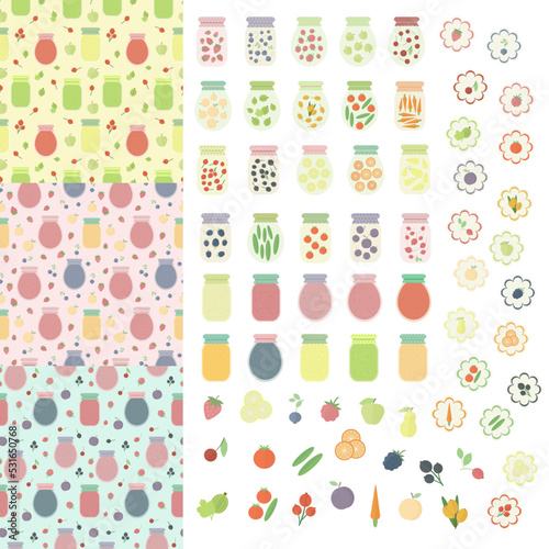 Jam, juice and pickles in glass jars icons set, stickers and seamless patterns, grocery flat vector collection