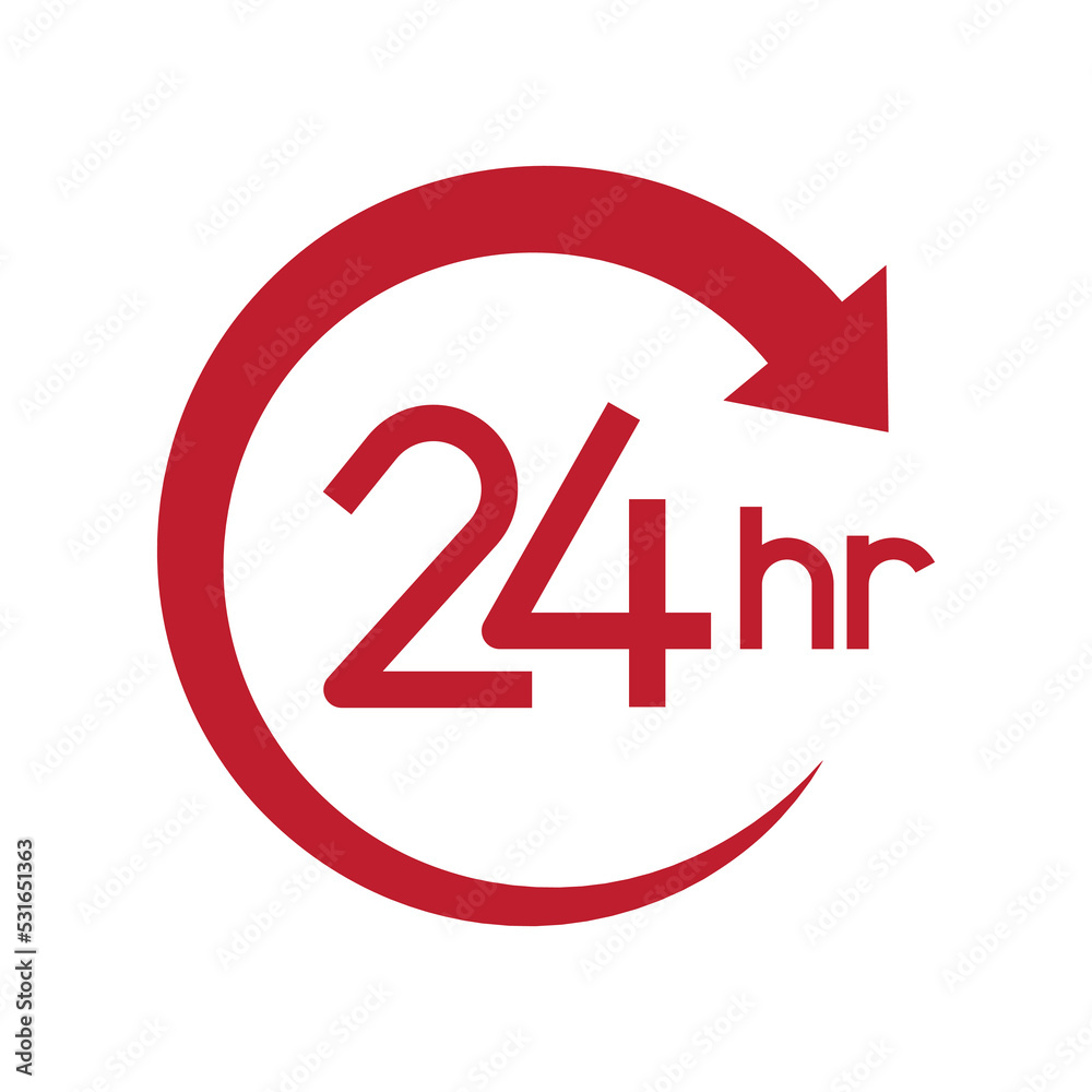Twenty four hour with arrow loop icon, 24 hours cyclic sign, Opened order execution or delivery, All day business and service, Vector design illustration Twenty four hour with arrow loop icon, 24 hours cyclic sign, Opened order execution or delivery, All day business and service, Vector design illustration