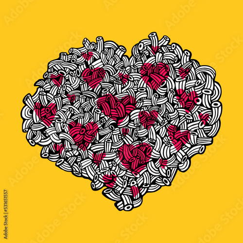 Food illustration - pasta pattern in the shape of a big heart with small hearts of red tomato sauce - for pasta fans, concept of love for food, ink drawing vectorized.