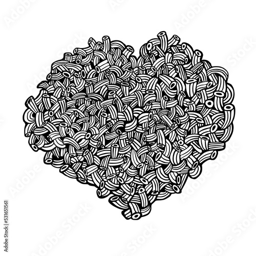Pasta pattern designed in the shape of heart - hand drawn pasta vector illustration, black and white ink drawing for coloring, love symbol, pasta love, coloring page, heart shaped pasta