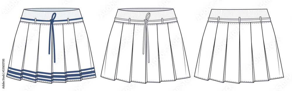 Pleated Skirt technical fashion illustration, concept design. Mini Skirt  fashion flat drawing template, pleated, elastic waistband, front, back  view, white, CAD mockup set. Stock-Vektorgrafik | Adobe Stock