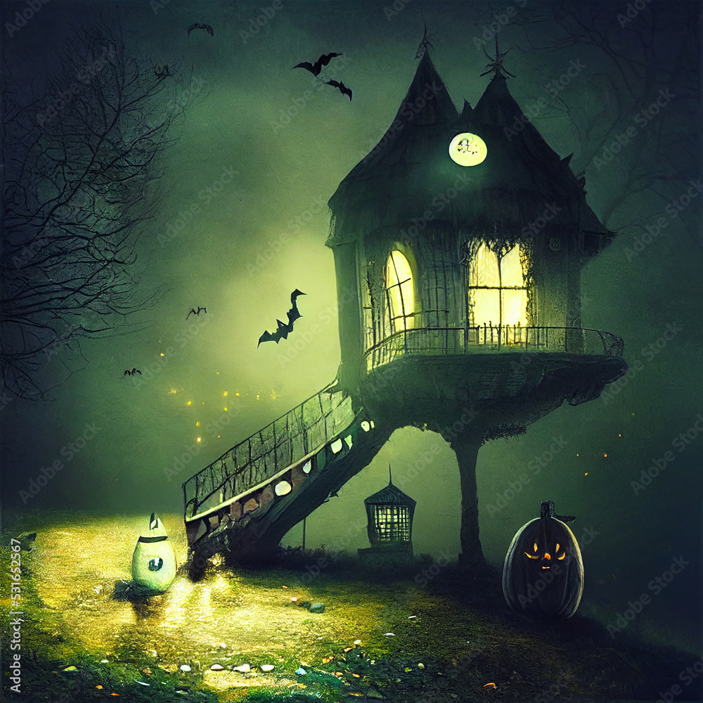 spooky halloween night  house  , digital art - obrazy, fototapety, plakaty 