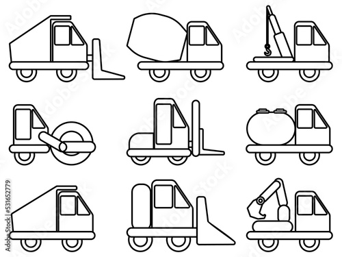 Construction equipment outline set in kids style, coloring page with vehicles