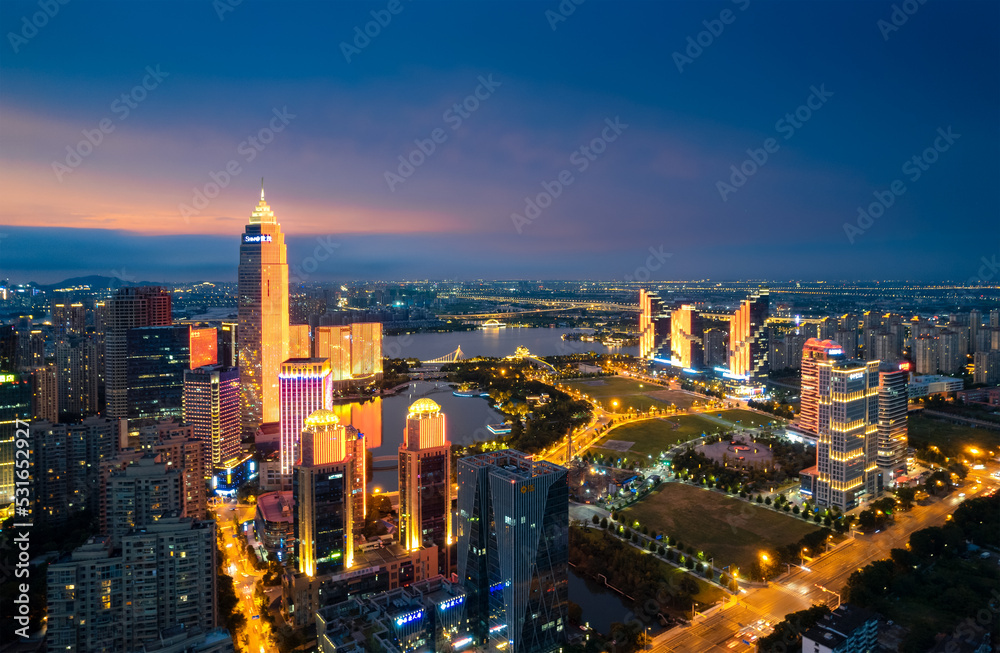 Fototapeta premium Night View of Shaoxing CBD, Zhejiang, China
