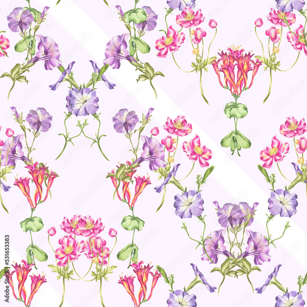 Pattern. Watercolor illustration of garden flowers. Colorful flowers and leaves. Background for the design of invitations and cards.