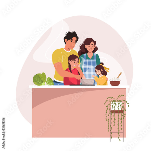 Happy smiling family cooking dinner together in the kitchen vector flat illustration. Parents teach children how to cook on white background. Mother, father, and daughter spend time together at home.