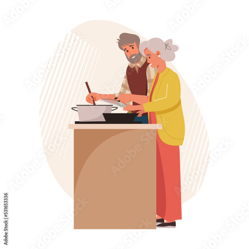 Elderly couple cooking together in the kitchen. Old man and woman in love preparing healthy meal for a dinner or lunch. Smiling retired family cooking and tasting food, spending time together at home.