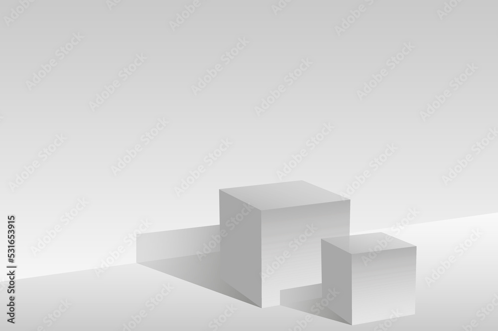 Fototapeta premium Podium, red carpet and geometric shapes in white tones. An empty space for your design. 3d image.