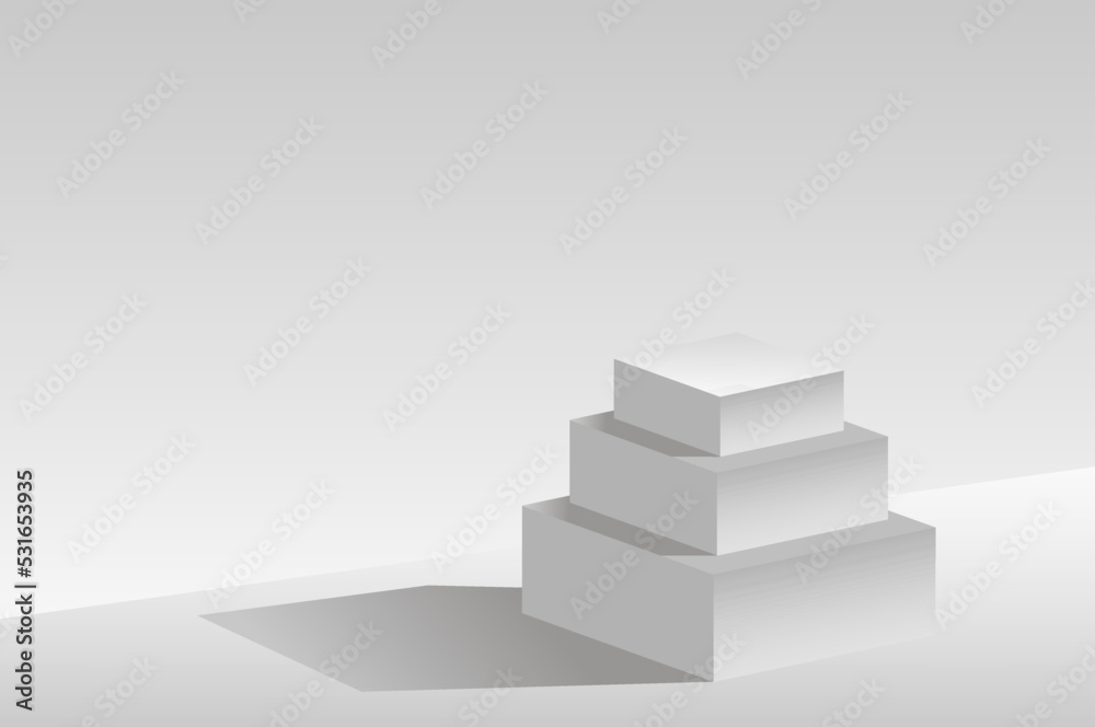 Podium, red carpet and geometric shapes in white tones. An empty space for your design. 3d image. Podium, red carpet and geometric shapes in white tones. An empty space for your design. 3d image.