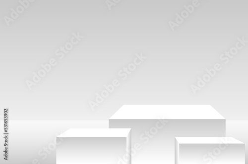 Podium, red carpet and geometric shapes in white tones. An empty space for your design. 3d image.