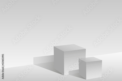 Podium, red carpet and geometric shapes in white tones. An empty space for your design. 3d image.