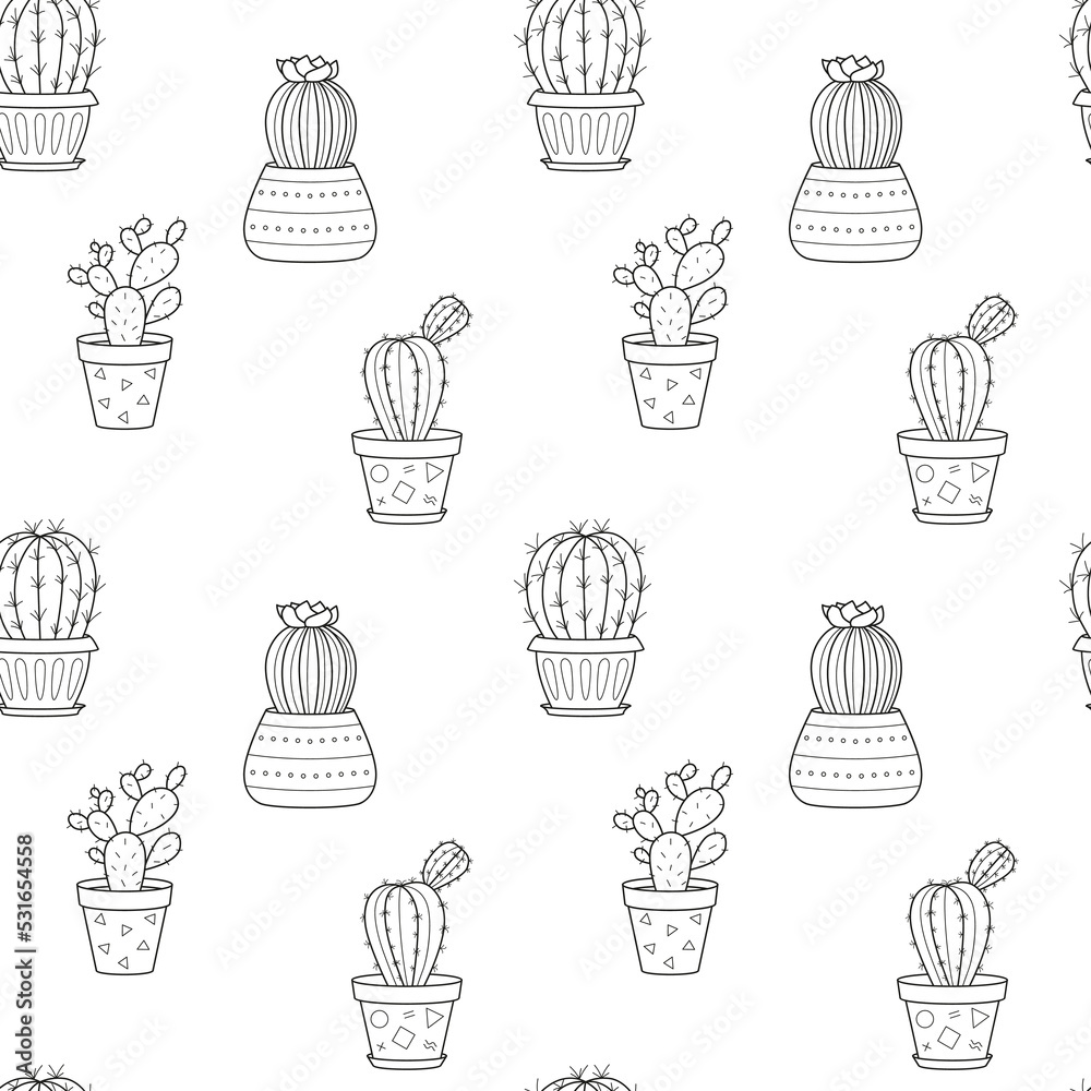 Seamless pattern with hand drawn doodle outline potted cactuses. Home plant, linear succulent. Vector black and white illustration on white background Seamless pattern with hand drawn doodle outline potted cactuses. Home plant, linear succulent. Vector black and white illustration on white background