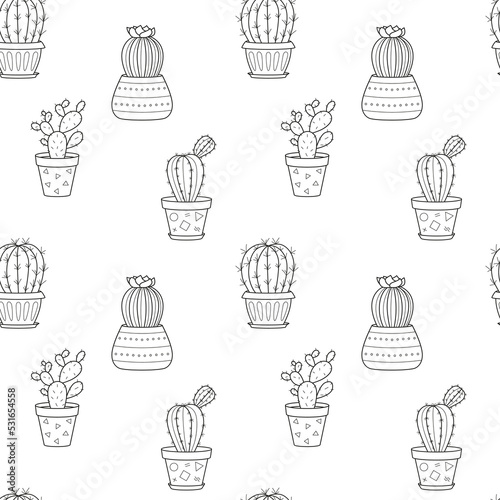 Seamless pattern with hand drawn doodle outline potted cactuses. Home plant  linear succulent. Vector black and white illustration on white background