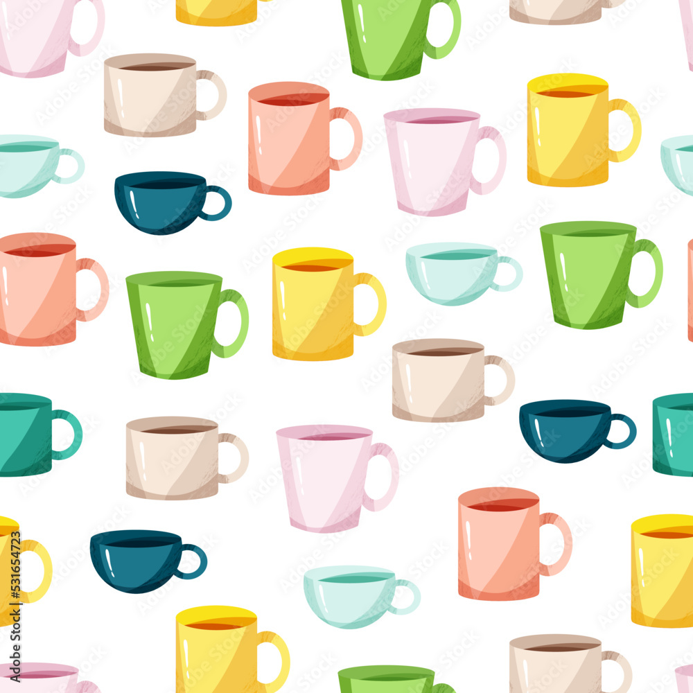 Porcelain mugs seamless print. A set of tea cups. Vector illustration in cartoon flat style.