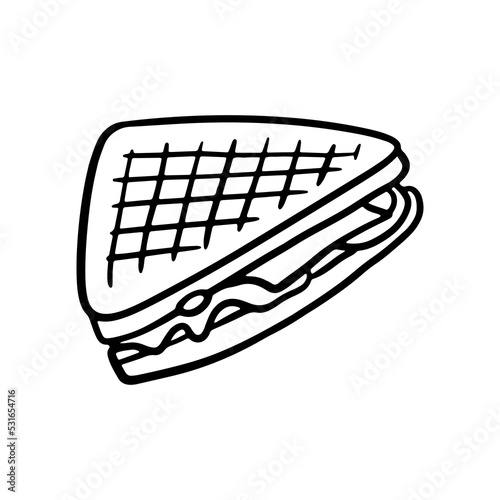 Triangle Sandwich Hand-drawn outline doodle Vector Illustration. Grilled bread. Fast food drawing for restaurant menu and street food package.