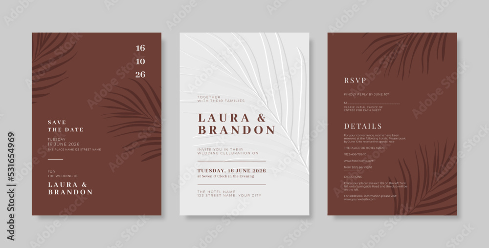 Elegant and beautiful brown wedding invitation template. set of wedding invitation with engraved leaves.