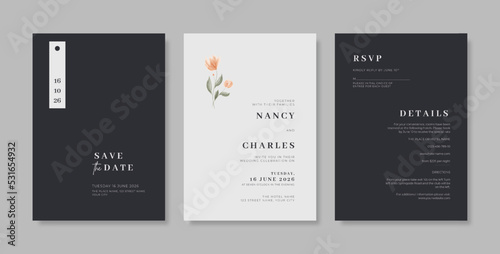 Beautiful engraved wedding invitation template. set of wedding invitation template with beautiful engraved flower. set of wedding card with watercolor flower
