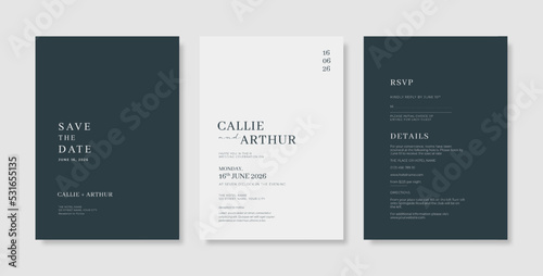 Green engraved wedding card design template. set of luxury wedding invitation with engraved leaves.