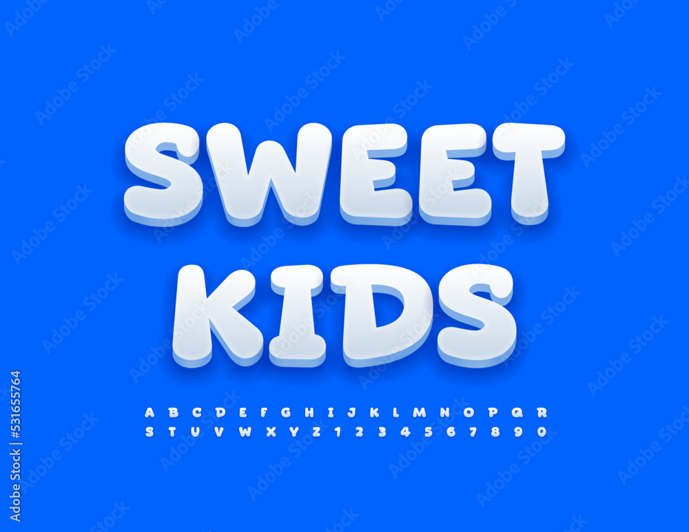 Vector funny sign Sweet Kids with cute white Font. Comic style set of Alphabet Letters and Numbers