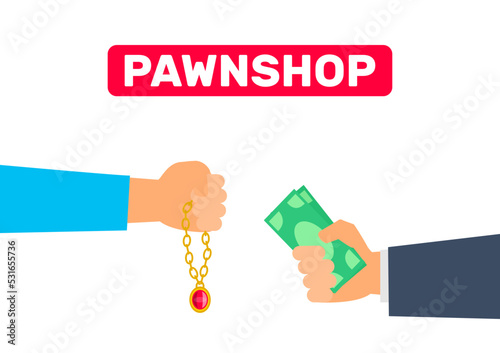 pawnshop concept hands holding money and golden jewellery chain with pendant vector illustration