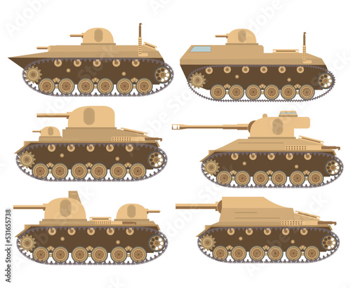 A set of armored army military tanks with a tower the gun and a machine gun. The vehicle with caterpillars.Vector flat illustration. Isolated on white background.