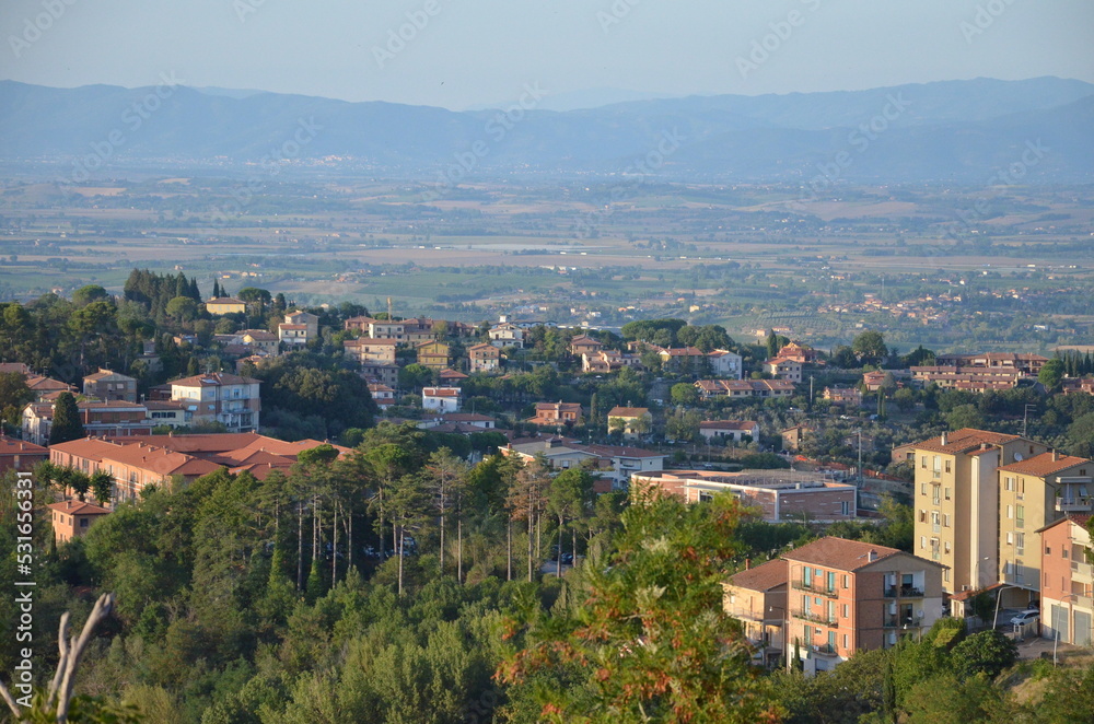 The beautiful countryside and town of Montepulciano in Tuscany on a bright summer day.