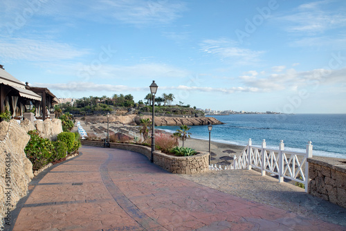 Empty boardwalk connecting the tourist resorts to the coast and beaches located on the south-western part of the island at Playa del Duque  Costa Adeje  Tenerife  Canary Islands  Spain