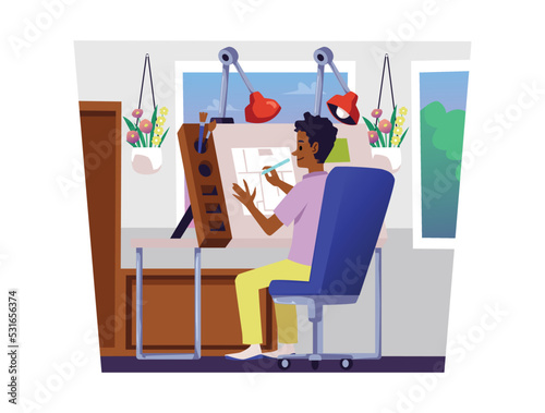 Smiling designer man sitting in chair and painting on special desk flat style