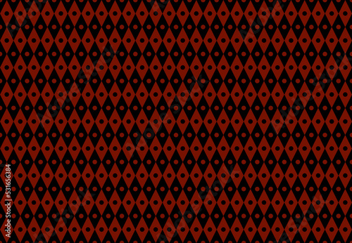 Seamless design with repeated black and red rhombuses or diamonds and small opposite color circles in the middle of each of them, harlequin inspired pattern with elongated shapes arranged vertically