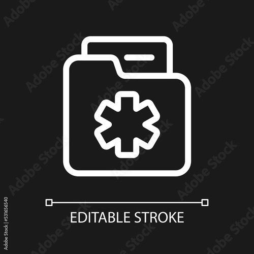 Medical history pixel perfect white linear ui icon for dark theme. Patient anamnesis. Vector line pictogram. Isolated user interface symbol for night mode. Editable stroke. Arial font used